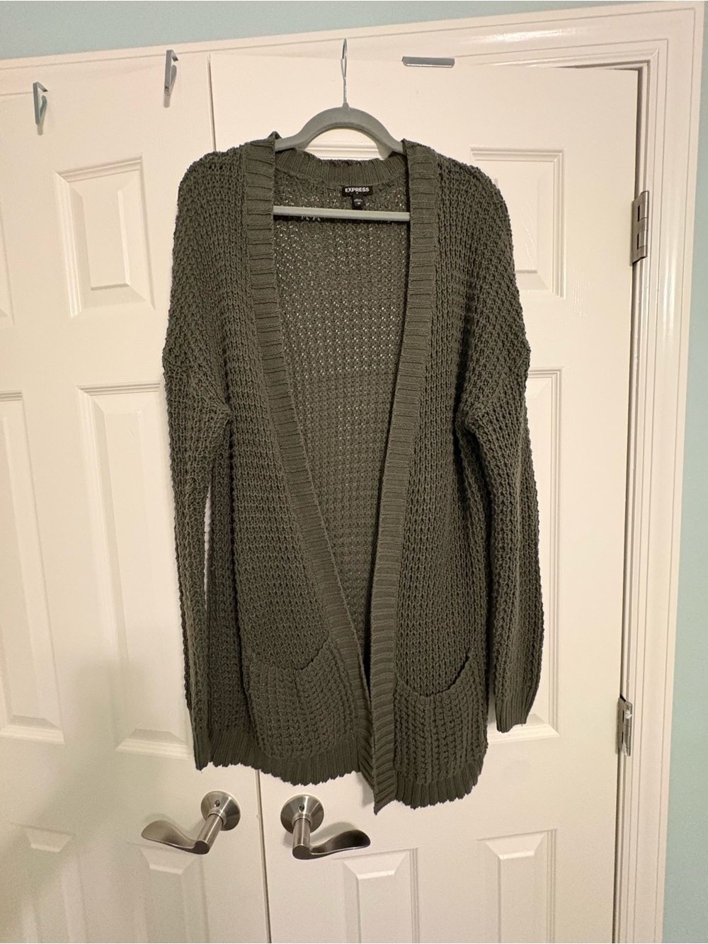 Express Cotton Blend Long Open Front Cardigan in Olive Green Size Large